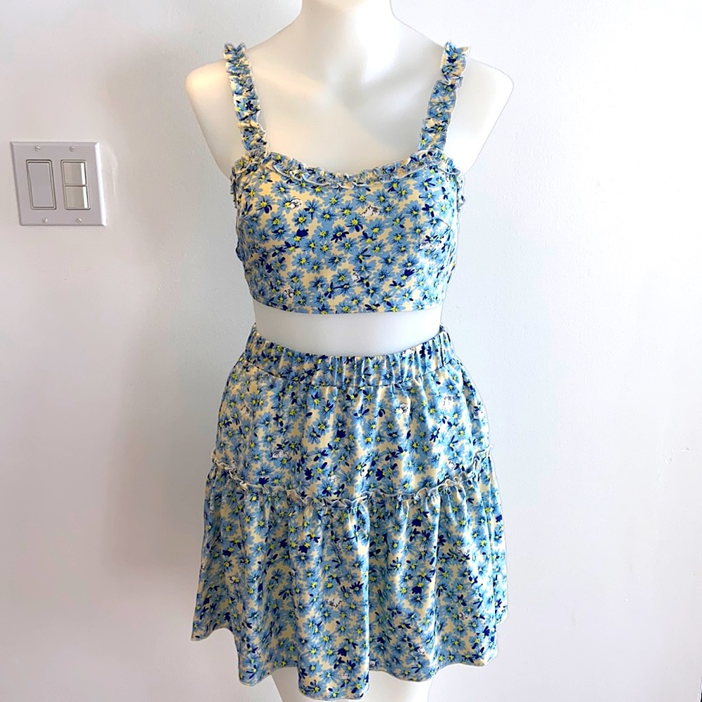 Blue Daisy & Ruffle 2 Piece Skirt Set
